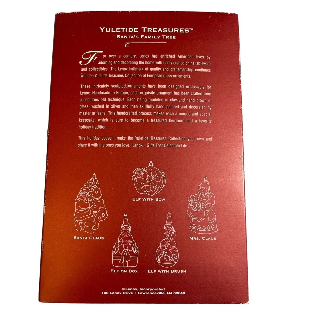 LENOX Yuletide Treasures Santa’s Family Tree Xmas Ornament- Elf With Bow In Box